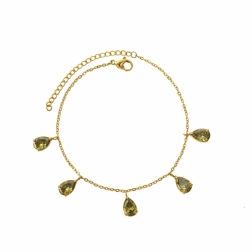 Delicate Gold-Plated 316 Stainless Steel Green Pear CZ Bracelet
