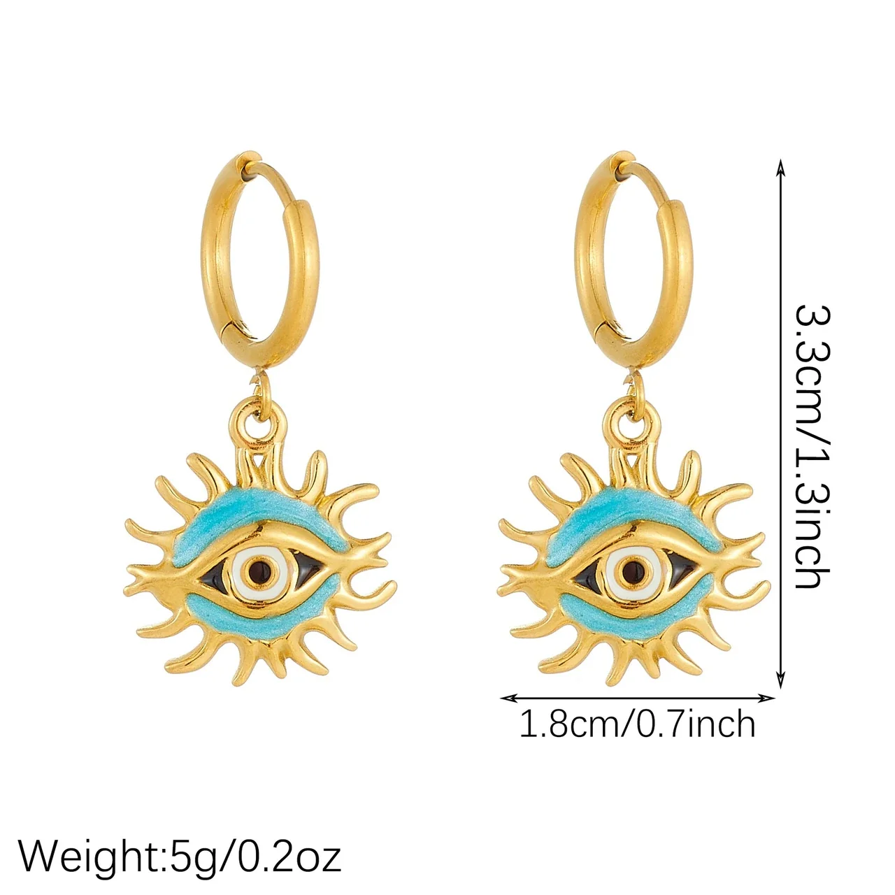 Oorbellen: Vergulde RVS hangers met emaille boze oog en zon productfoto