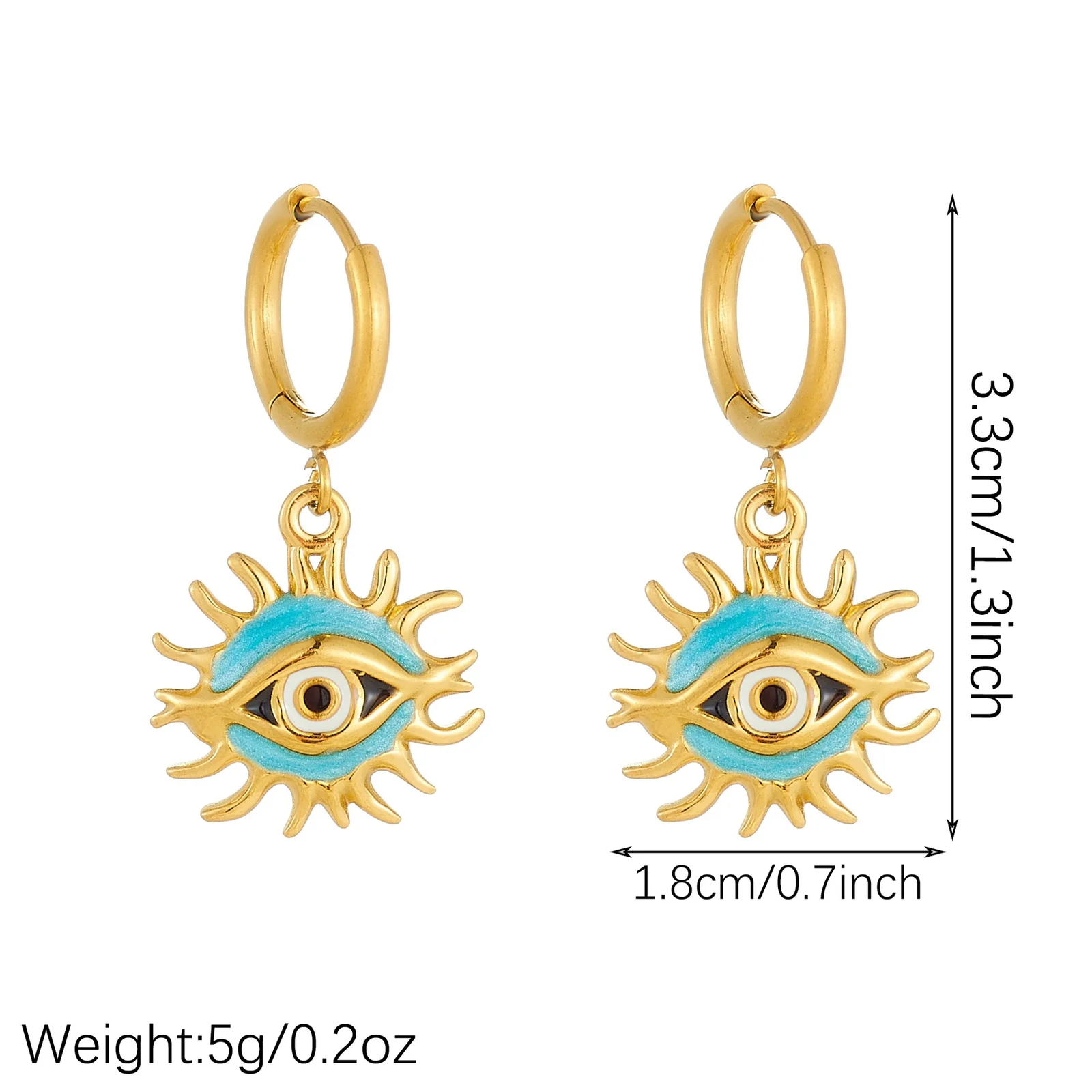 Oorbellen: Vergulde RVS hangers met emaille boze oog en zon productfoto