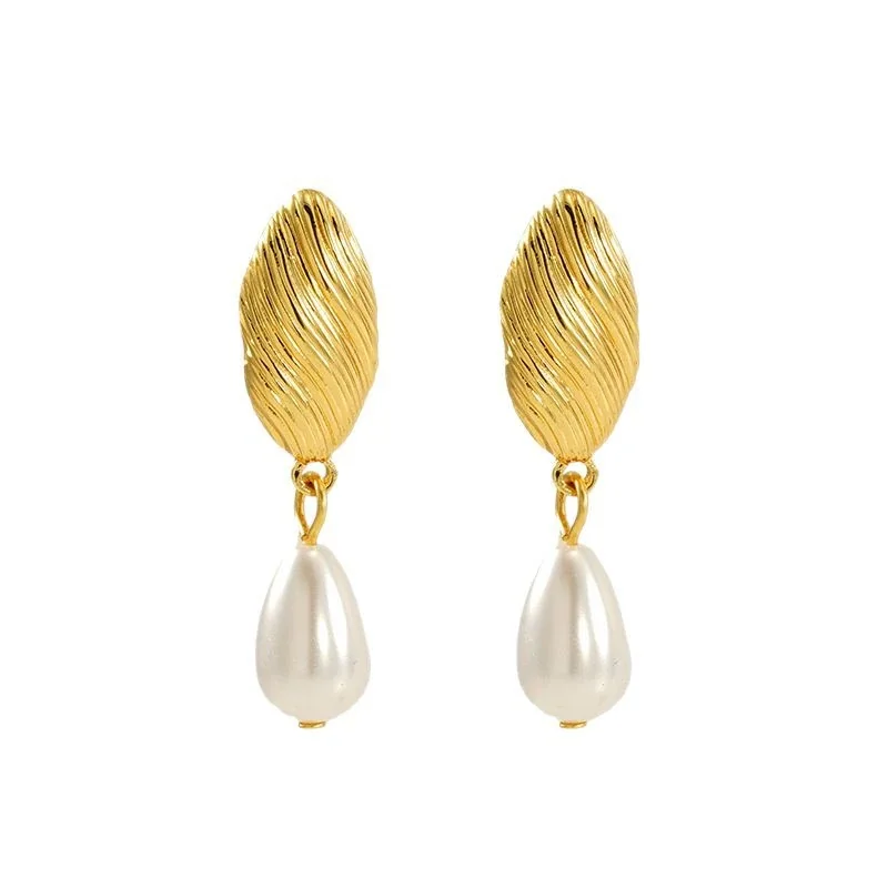 Sculptural 18K Gold-Plated Pearl Oval Drop Earrings