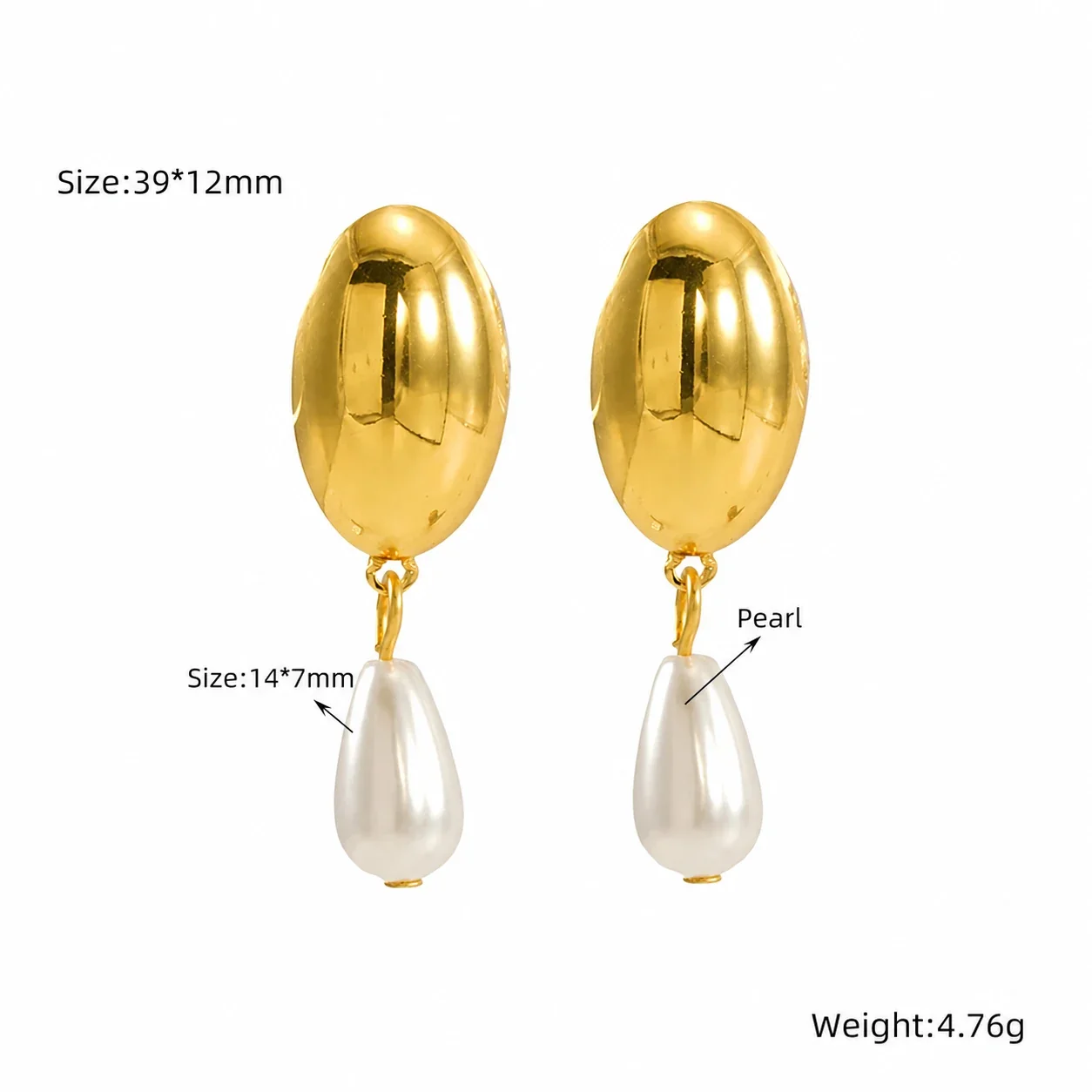 Sculptural 18K Gold-Plated Pearl Oval Drop Earrings - Gold Ribbed Leaf