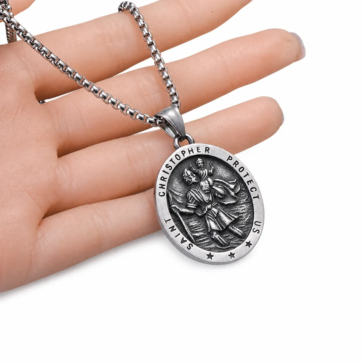 Saint Christopher Medal 316 Stainless Steel Box Chain Necklace