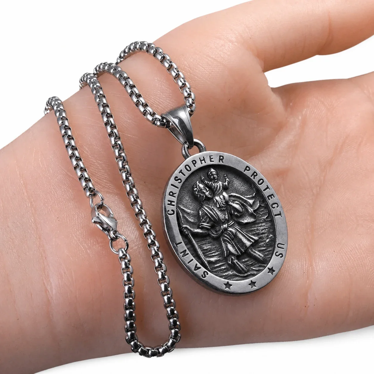 Saint Christopher Medal 316 Stainless Steel Box Chain Necklace