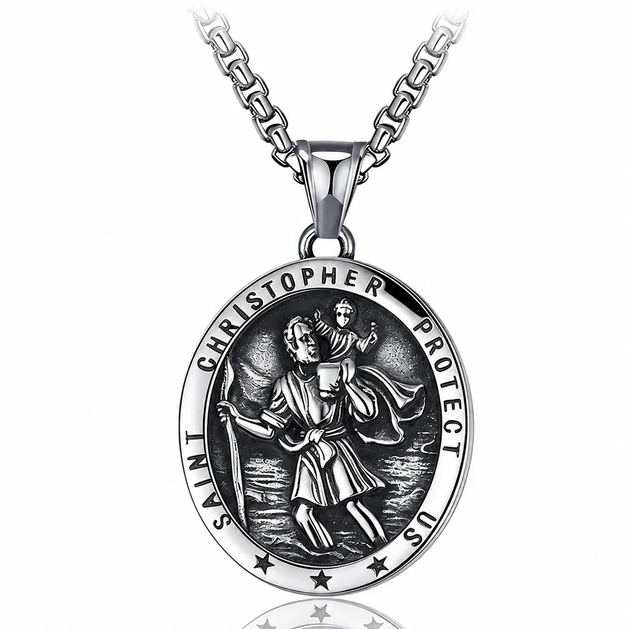 Saint Christopher Medal 316 Stainless Steel Box Chain Necklace - Silver Saint Christopher With