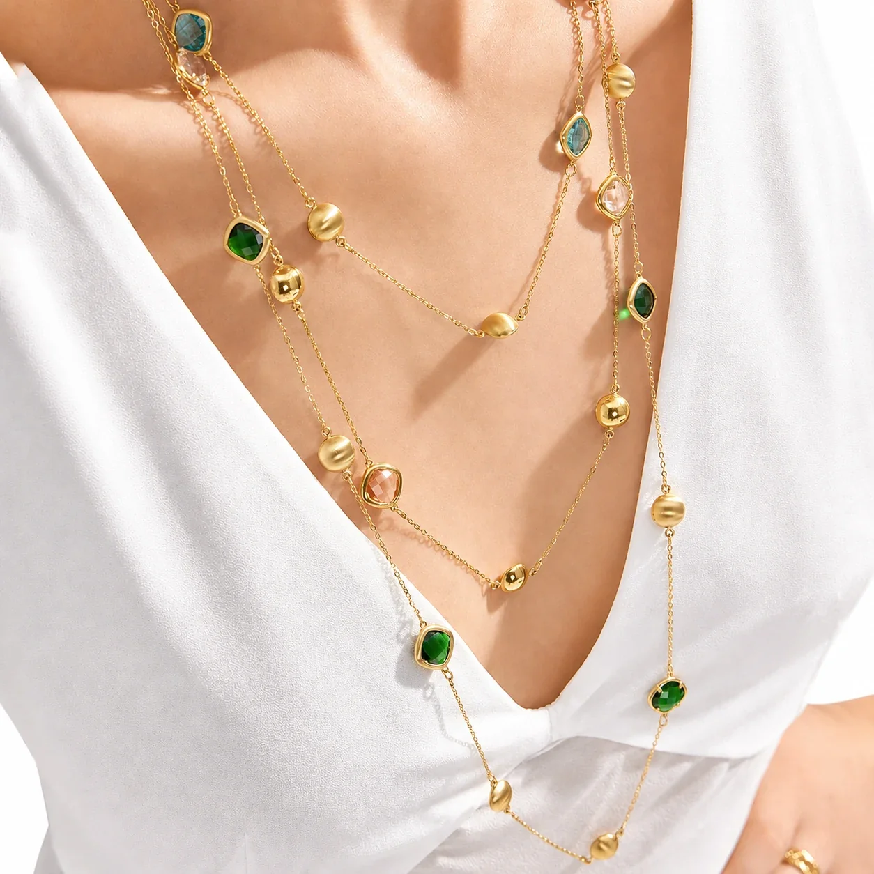 Facet Crystal Gold PVD 316L Bead Station Necklace