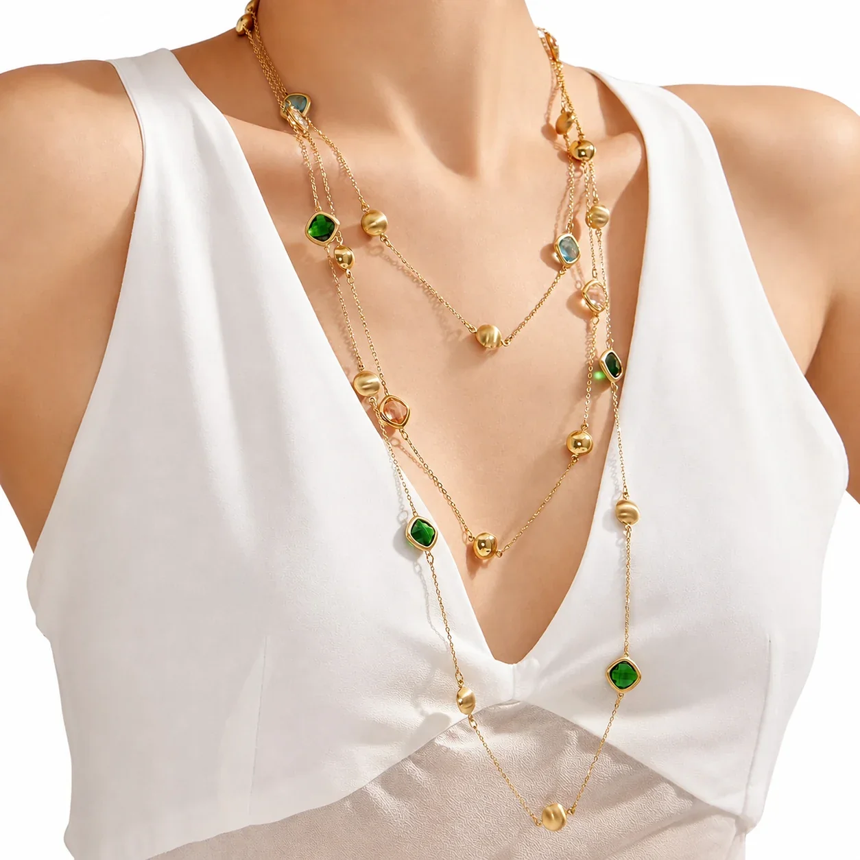 Facet Crystal Gold PVD 316L Bead Station Necklace
