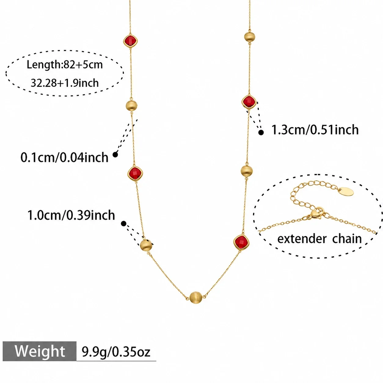 Facet Crystal Gold PVD 316L Bead Station Necklace - Red Crystal