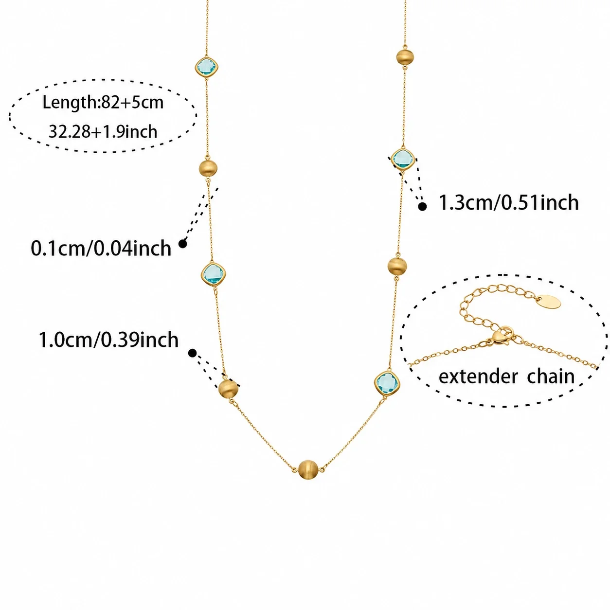 Facet Crystal Gold PVD 316L Bead Station Necklace - Blue Crystal