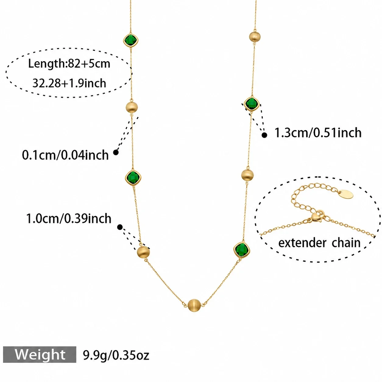 Facet Crystal Gold PVD 316L Bead Station Necklace - Green Crystal