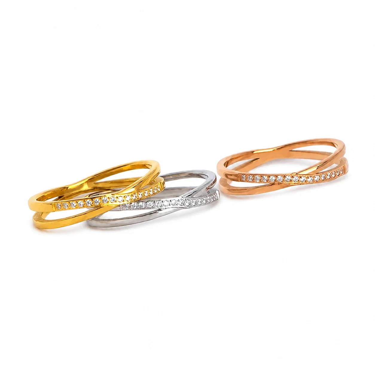 Delicate Stainless Steel Crossed Pavé Split Band Ring