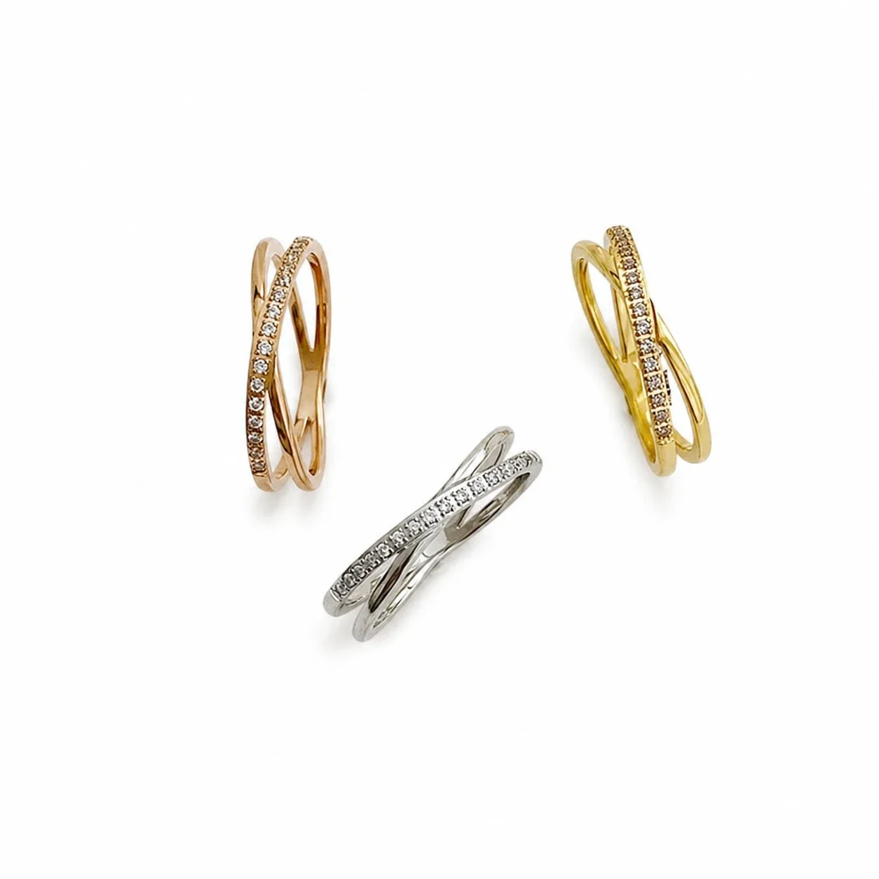 Delicate Stainless Steel Crossed Pavé Split Band Ring