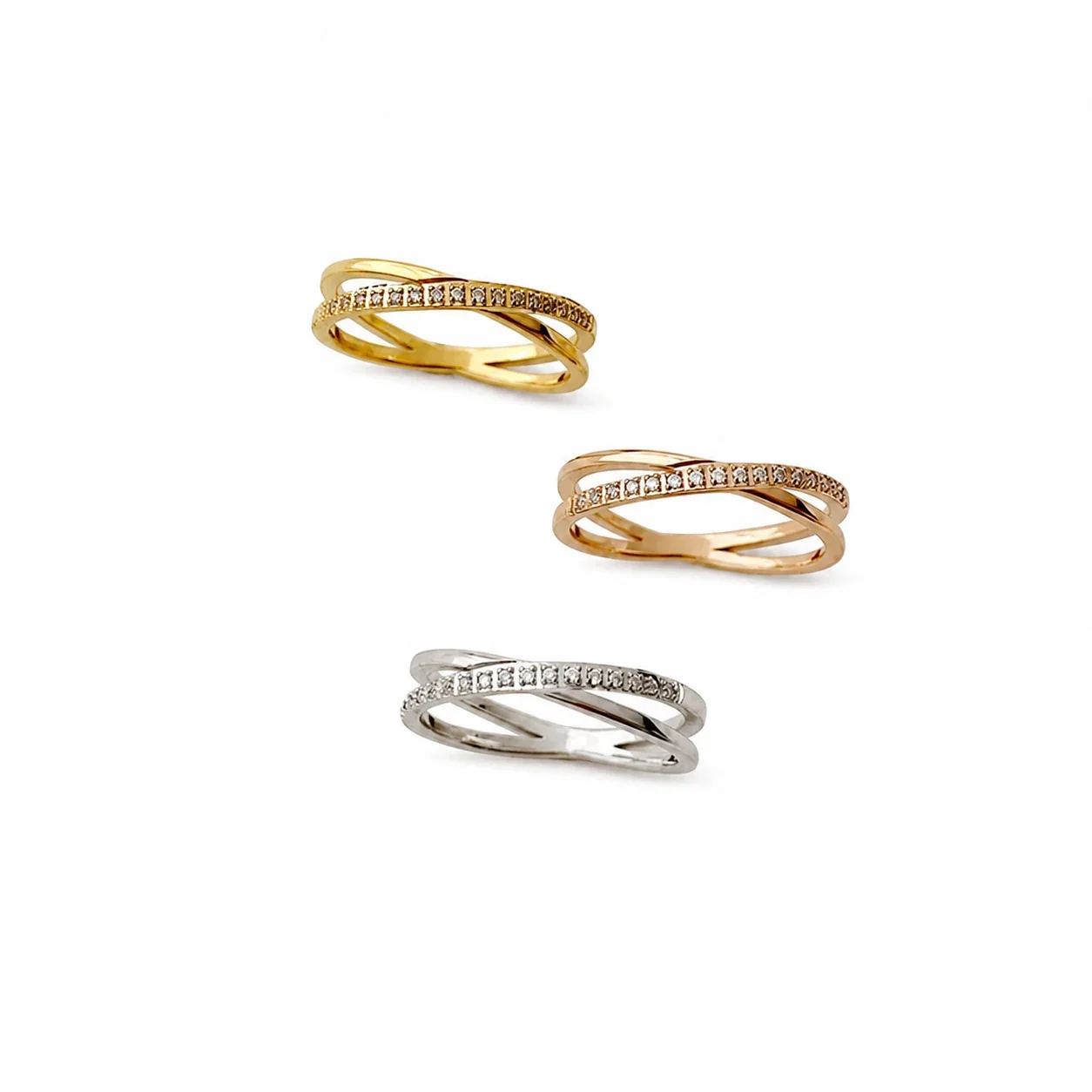 Delicate Stainless Steel Crossed Pavé Split Band Ring