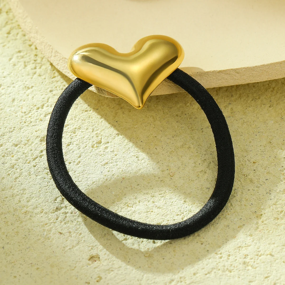 Hair Tie with Puff Heart Accent, Gold-Plated Stainless Steel