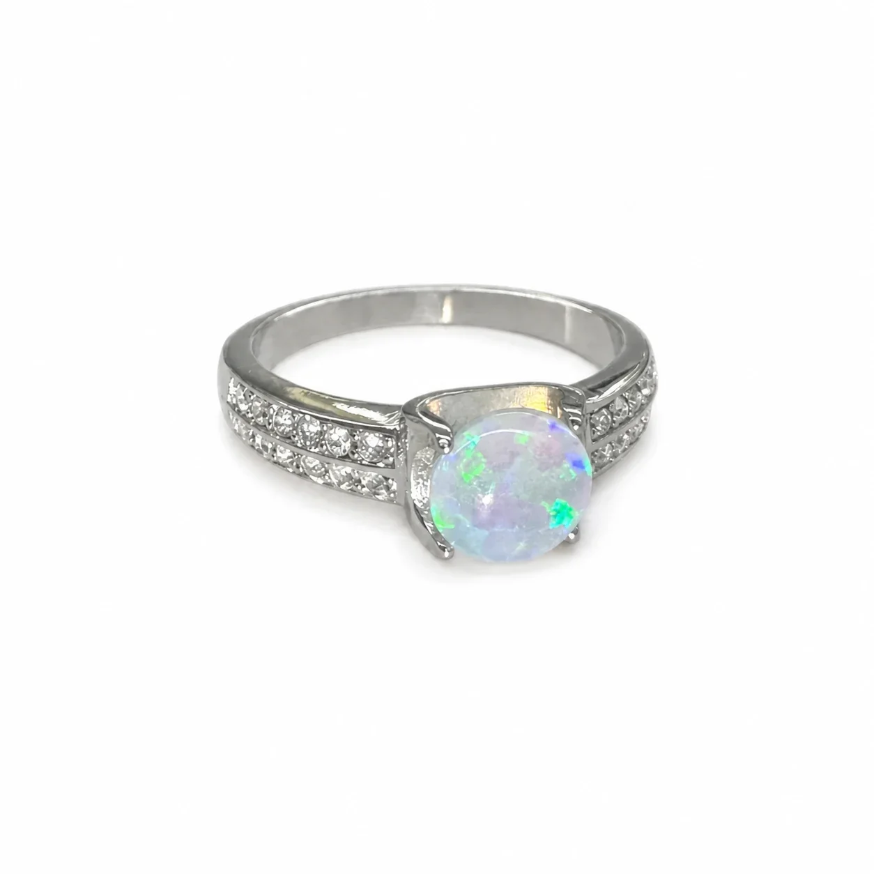 Iridescent 316 Stainless Steel Opal Pavé Ring - Blue Opal