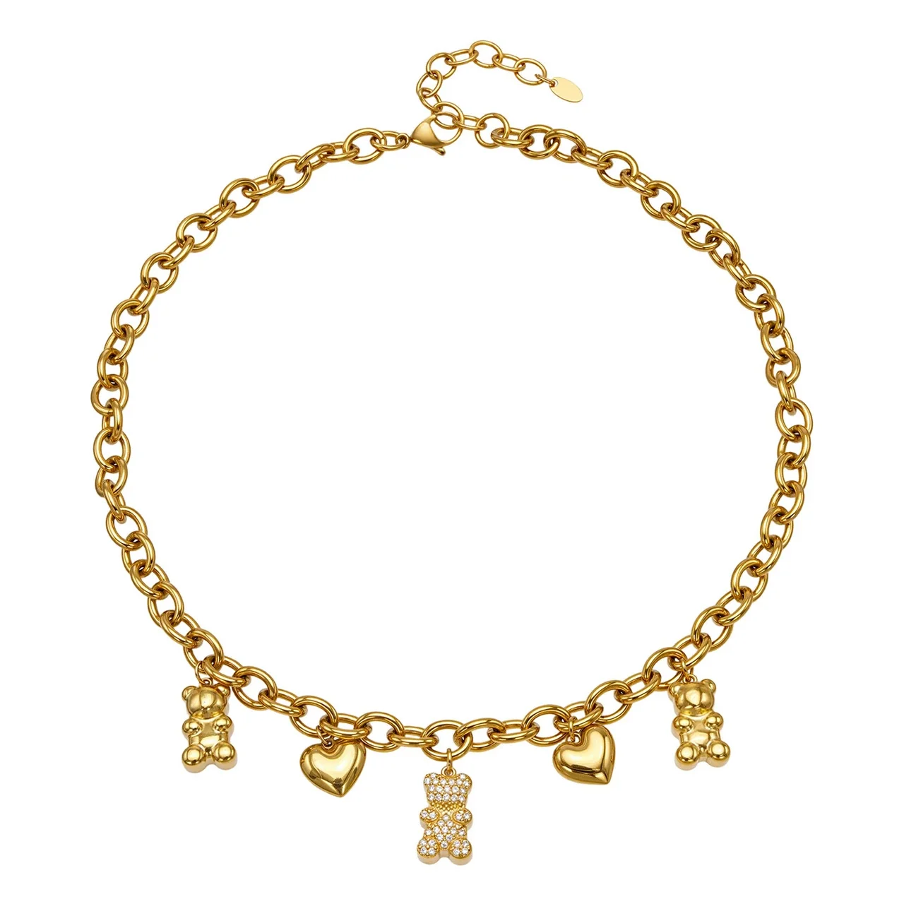 Playful Gold PVD 316L Stainless Steel Teddy Heart Charm Necklace