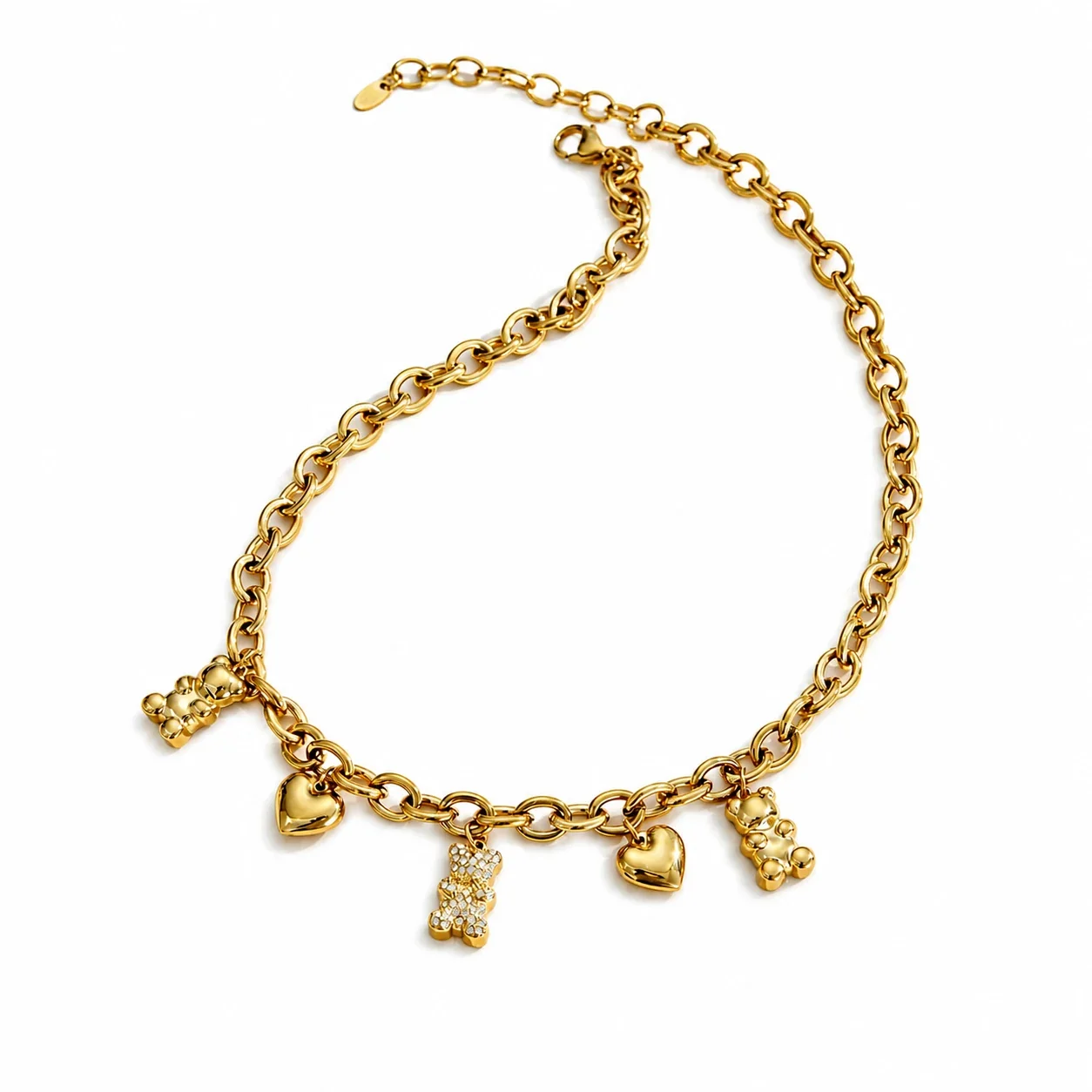 Playful Gold-Plated 316L Teddy Heart Charm Necklace