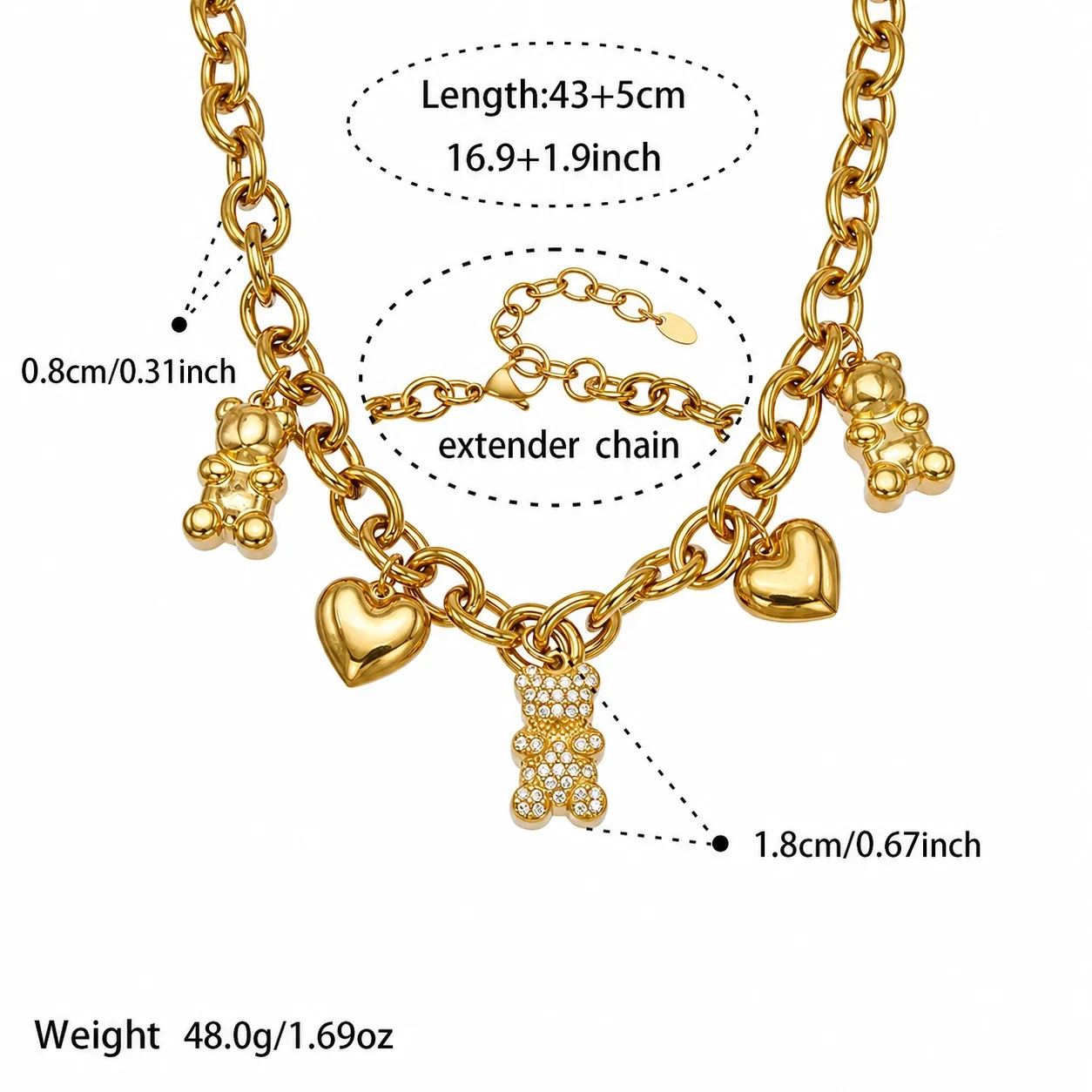 Playful Gold-Plated 316L Teddy Heart Charm Necklace - Gold