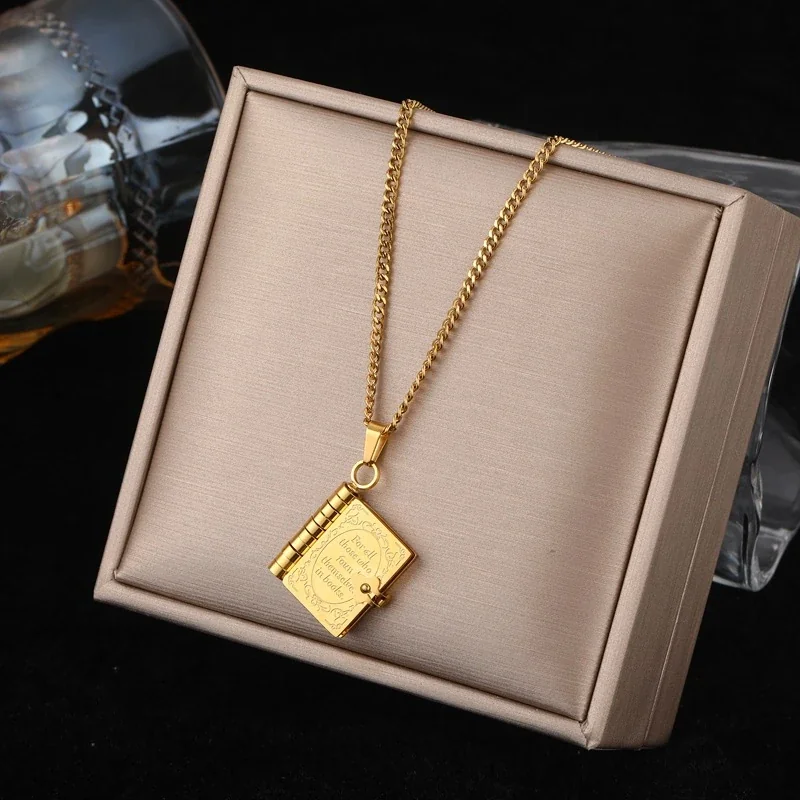 Book Locket Pendant Necklace with Engraved Cover, Stainless Steel