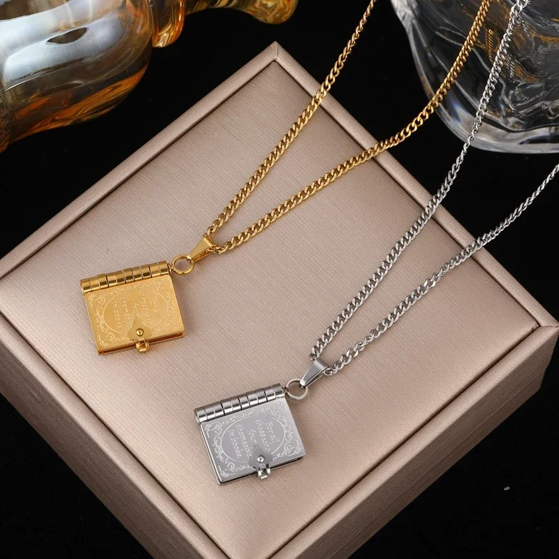 Book Locket Pendant Necklace with Engraved Cover, Stainless Steel