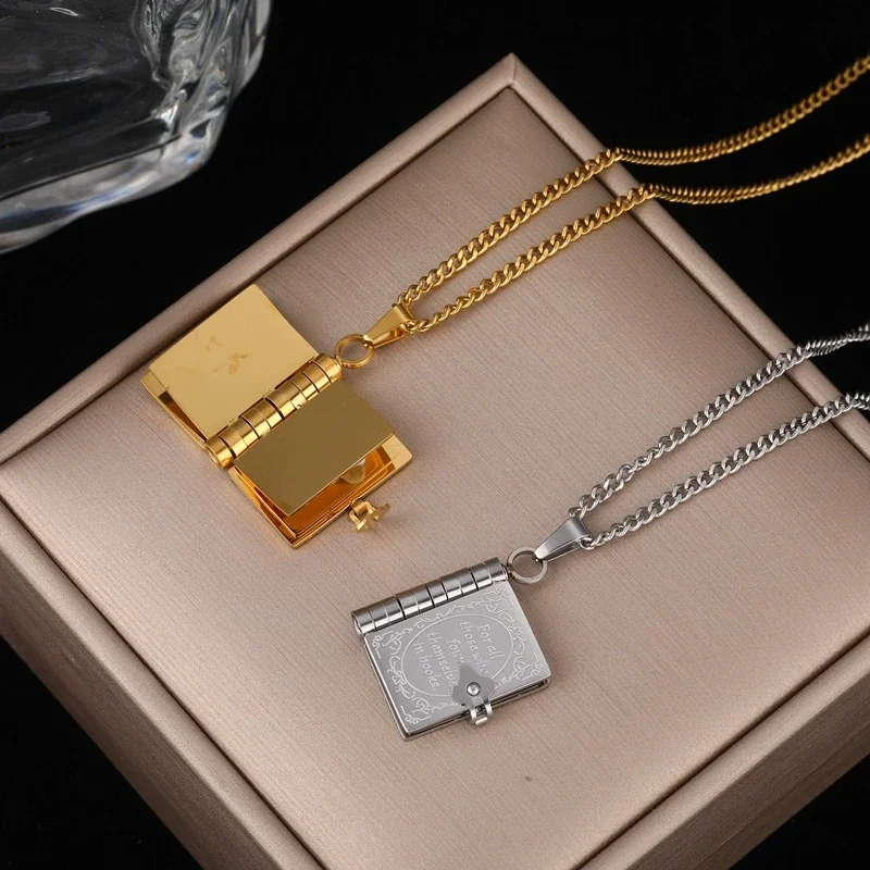 Book Locket Pendant Necklace with Engraved Cover, Stainless Steel