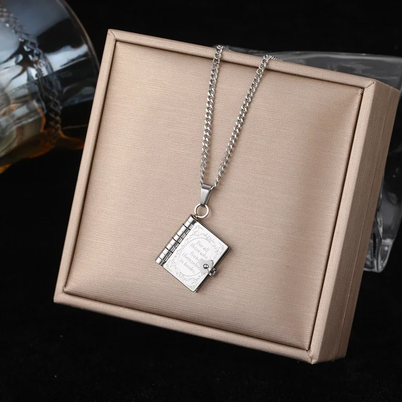 Book Locket Pendant Necklace with Engraved Cover, Stainless Steel