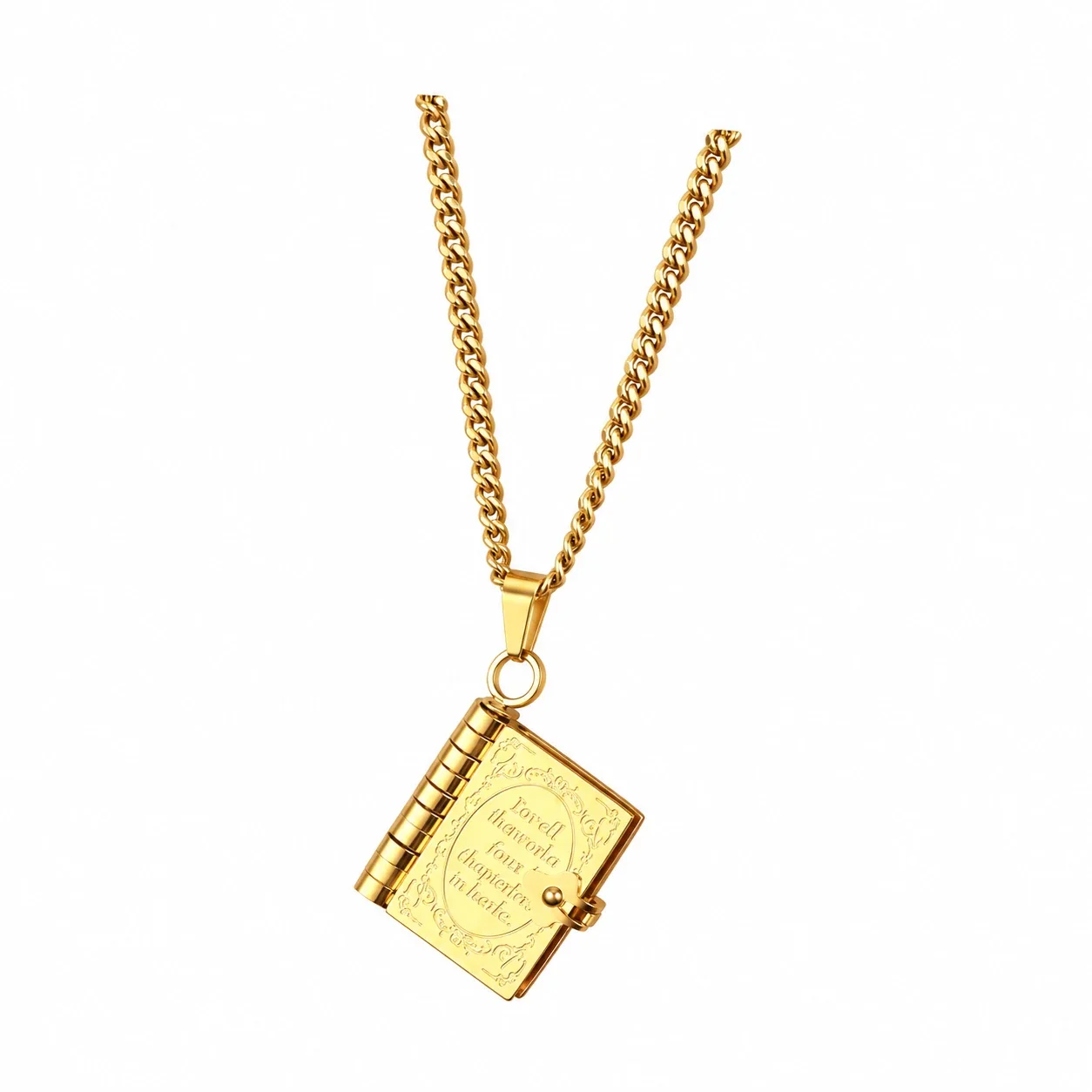 Book Locket Pendant Necklace with Engraved Cover, Stainless Steel - Gold