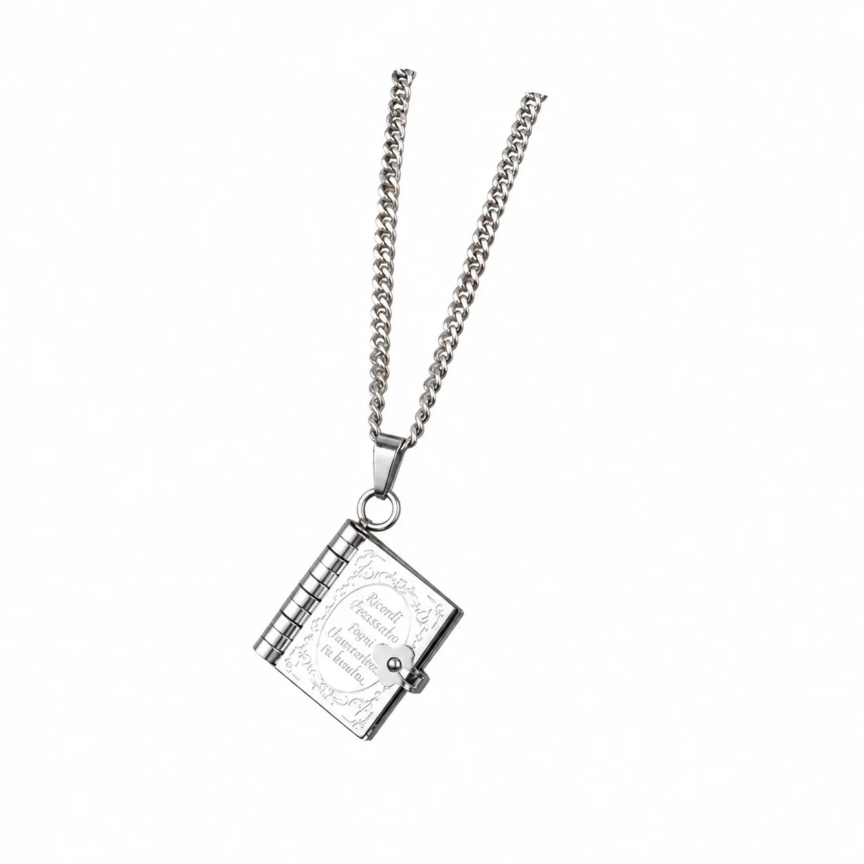 Book Locket Pendant Necklace with Engraved Cover, Stainless Steel - Silver