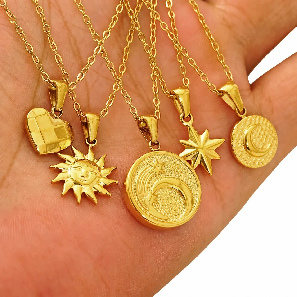 Celestial Gold-Plated Stainless Steel Sun Moon Cable Necklace