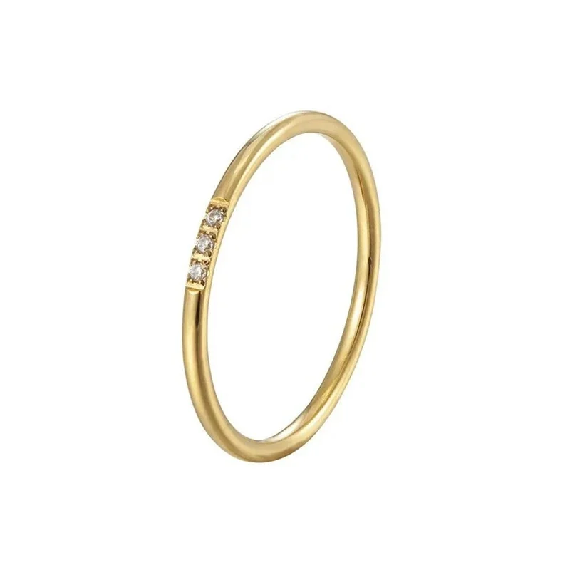 Polished Stainless Steel Slim Band Round Crystal Stacking Ring