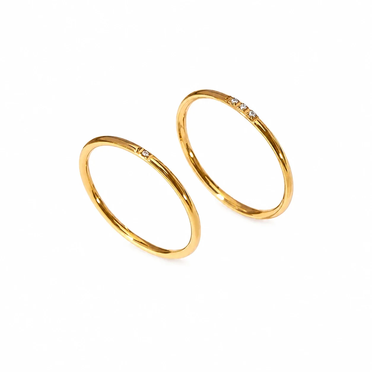 Polished Stainless Steel Slim Band Round Crystal Stacking Ring
