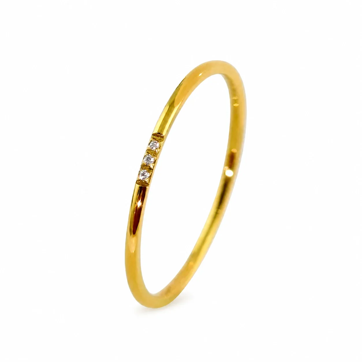 Polished Stainless Steel Slim Band Round Crystal Stacking Ring