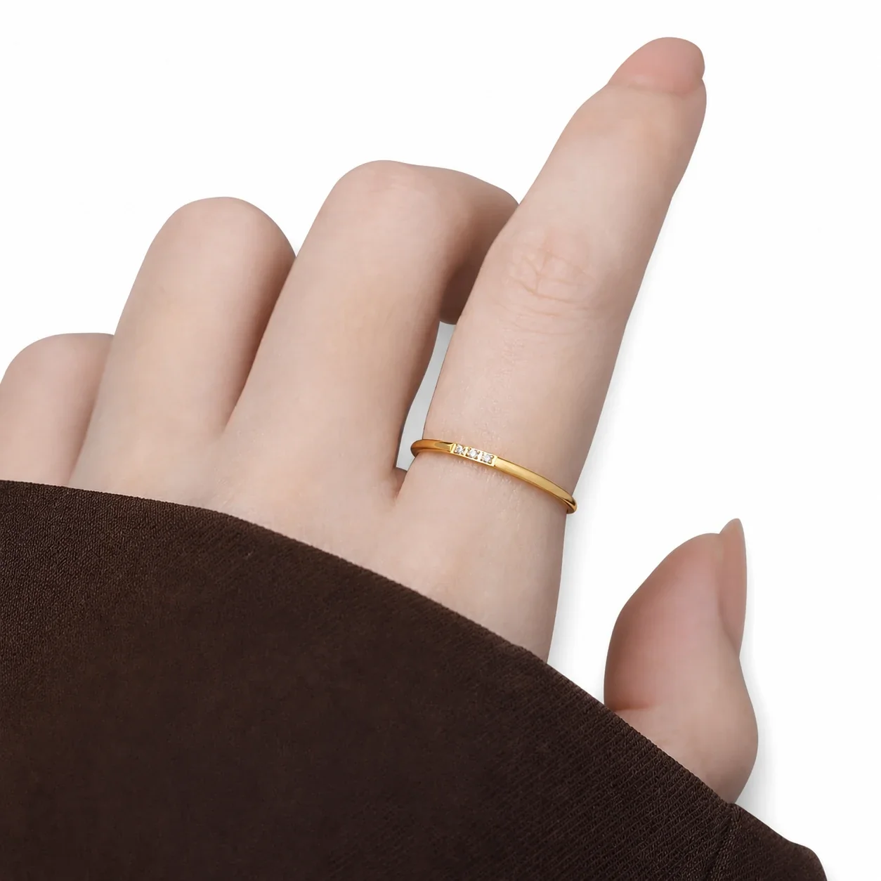 Polished Stainless Steel Slim Band Round Crystal Stacking Ring