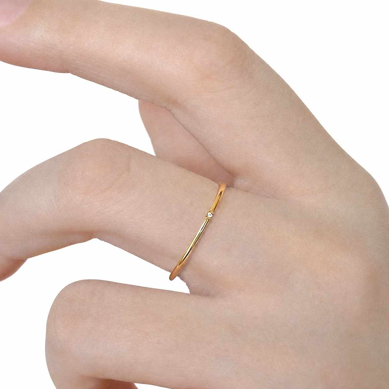 Polished Stainless Steel Slim Band Round Crystal Stacking Ring