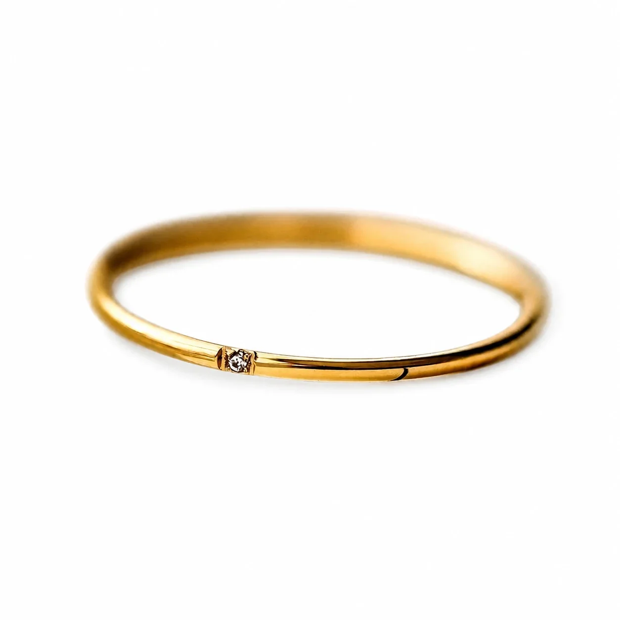 Polished Stainless Steel Slim Band Round Crystal Stacking Ring - Gold Single Crystal