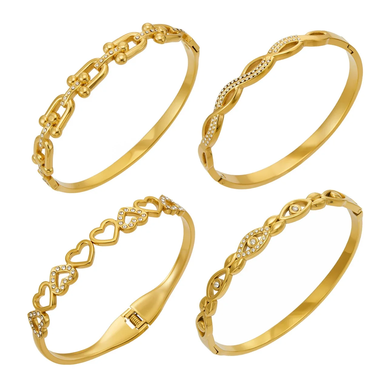 Luminous Openwork Gold PVD 316L Stainless Steel CZ Hinge Bangle Bracelet