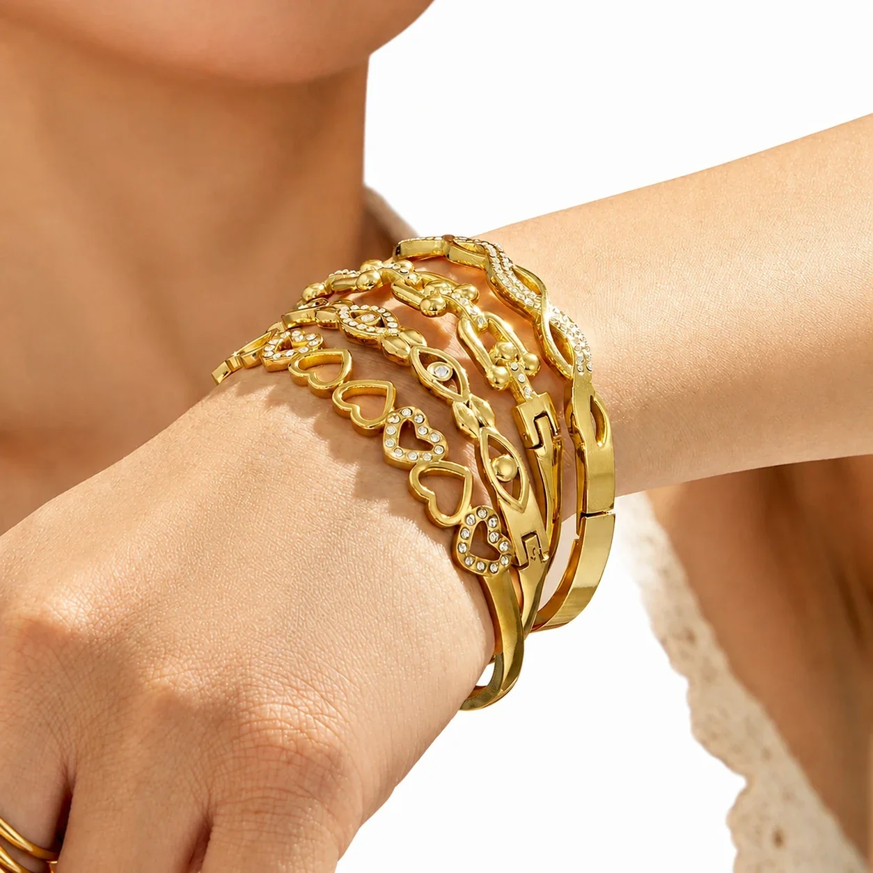 Luminous Openwork Gold PVD 316L CZ Hinge Bangle Bracelet