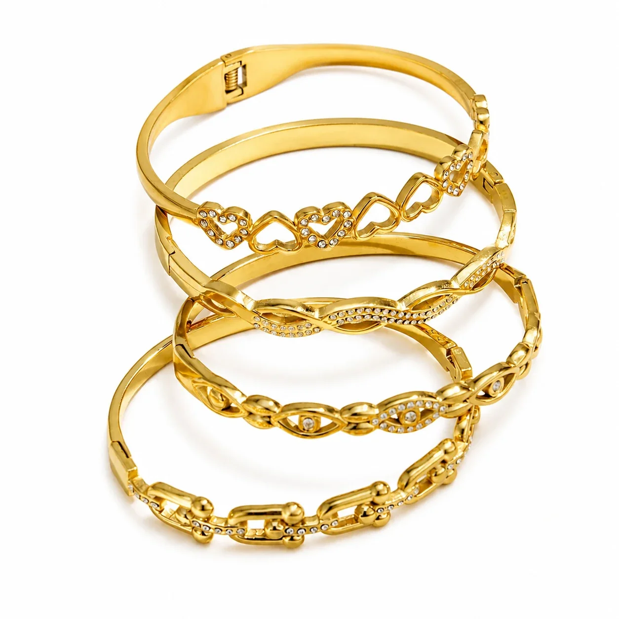Luminous Openwork Gold PVD 316L CZ Hinge Bangle Bracelet