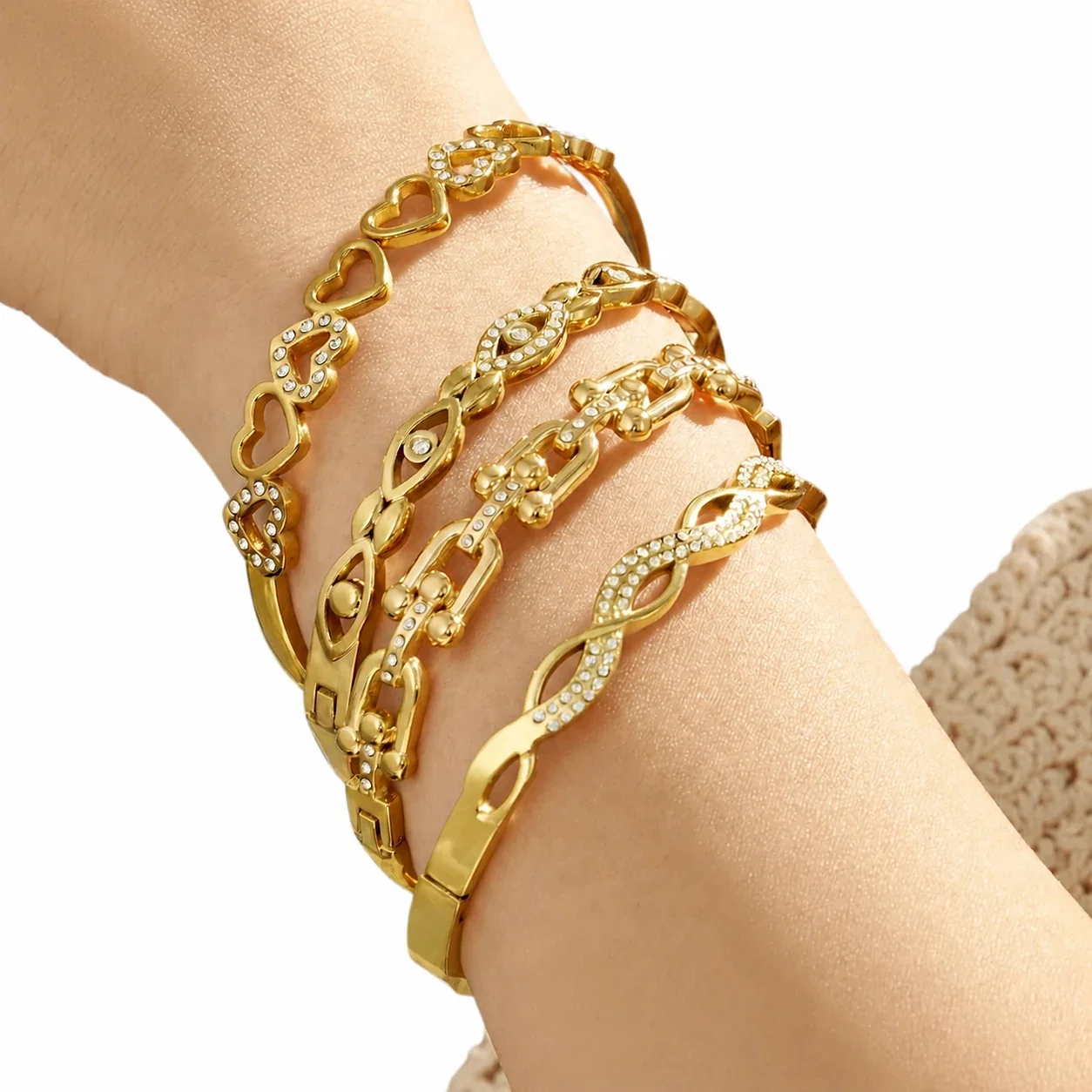 Luminous Openwork Gold PVD 316L CZ Hinge Bangle Bracelet