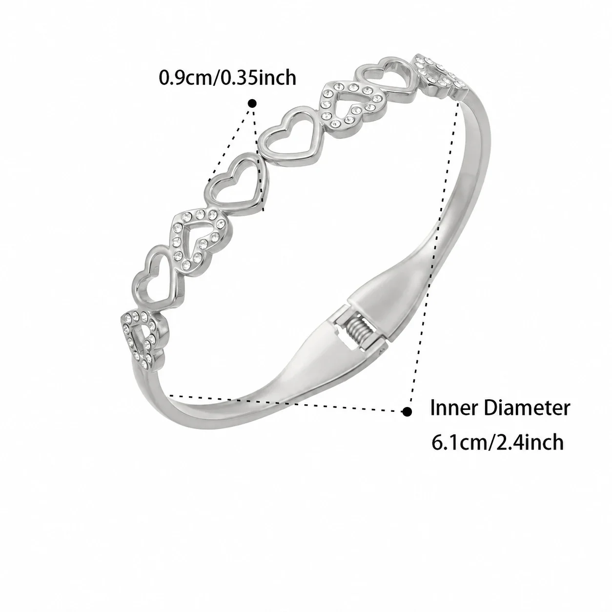 Luminous Openwork Gold PVD 316L CZ Hinge Bangle Bracelet - Silver Open-Heart CZ