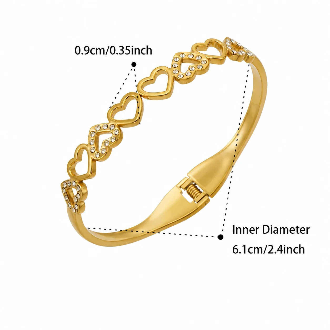 Luminous Openwork Gold PVD 316L CZ Hinge Bangle Bracelet - Gold Open-Heart CZ