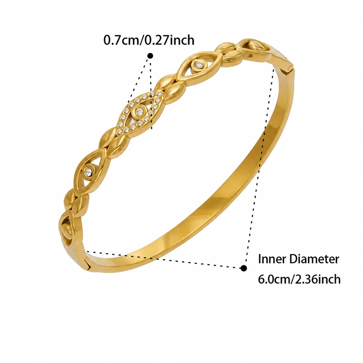 Luminous Openwork Gold PVD 316L CZ Hinge Bangle Bracelet - Gold Eye CZ