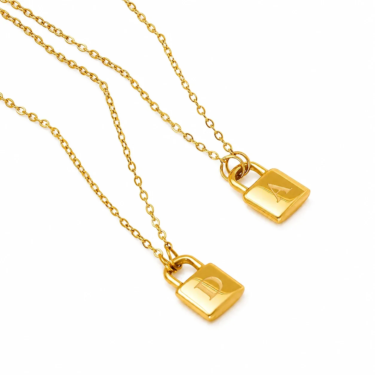 Polished Gold-Plated Lock Initial Cable Chain Necklace