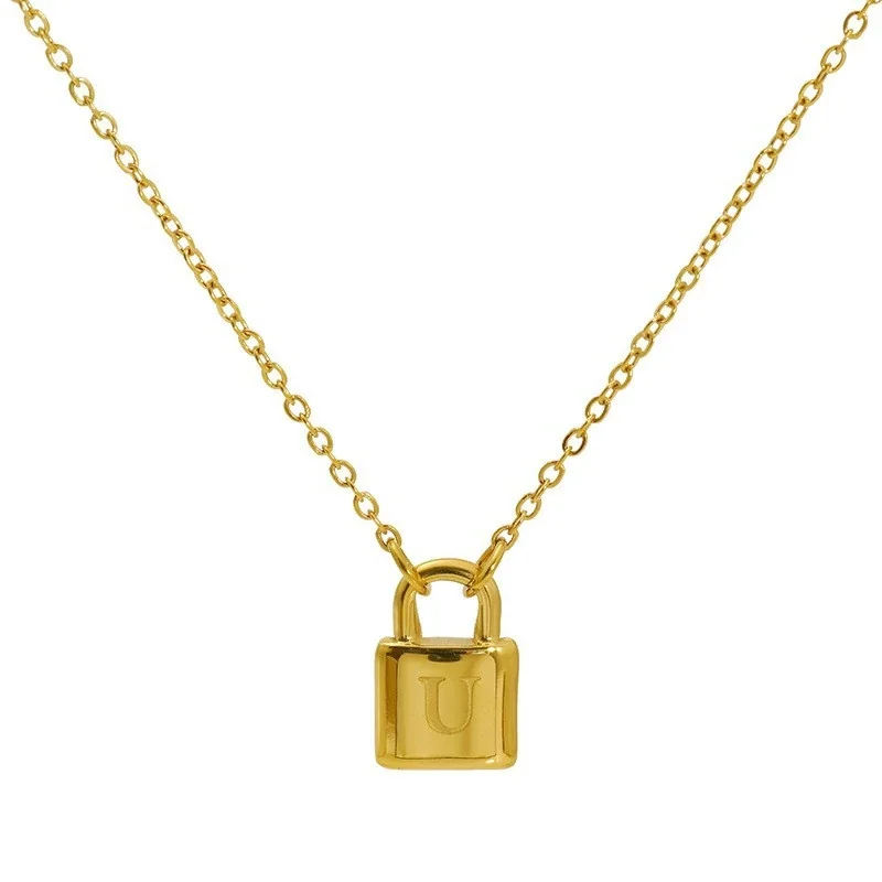 Polished Gold-Plated Lock Initial Cable Chain Necklace - Gold U