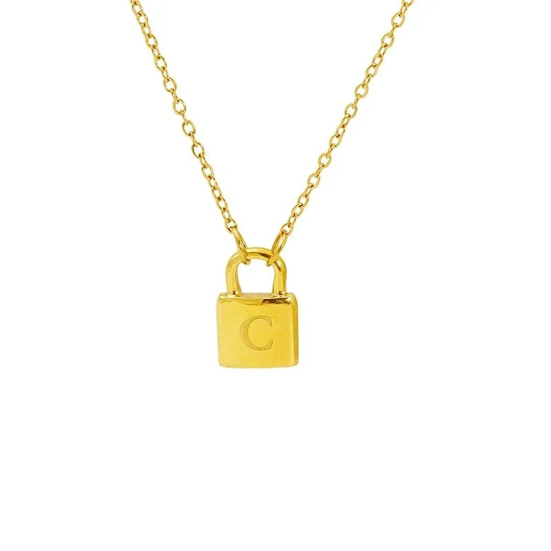 Polished Gold-Plated Lock Initial Cable Chain Necklace - Gold C