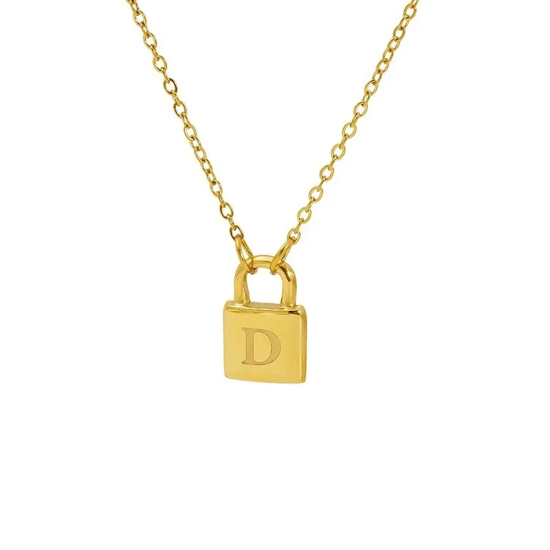 Polished Gold-Plated Lock Initial Cable Chain Necklace - Gold D