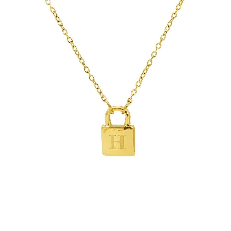 Polished Gold-Plated Lock Initial Cable Chain Necklace - Gold H