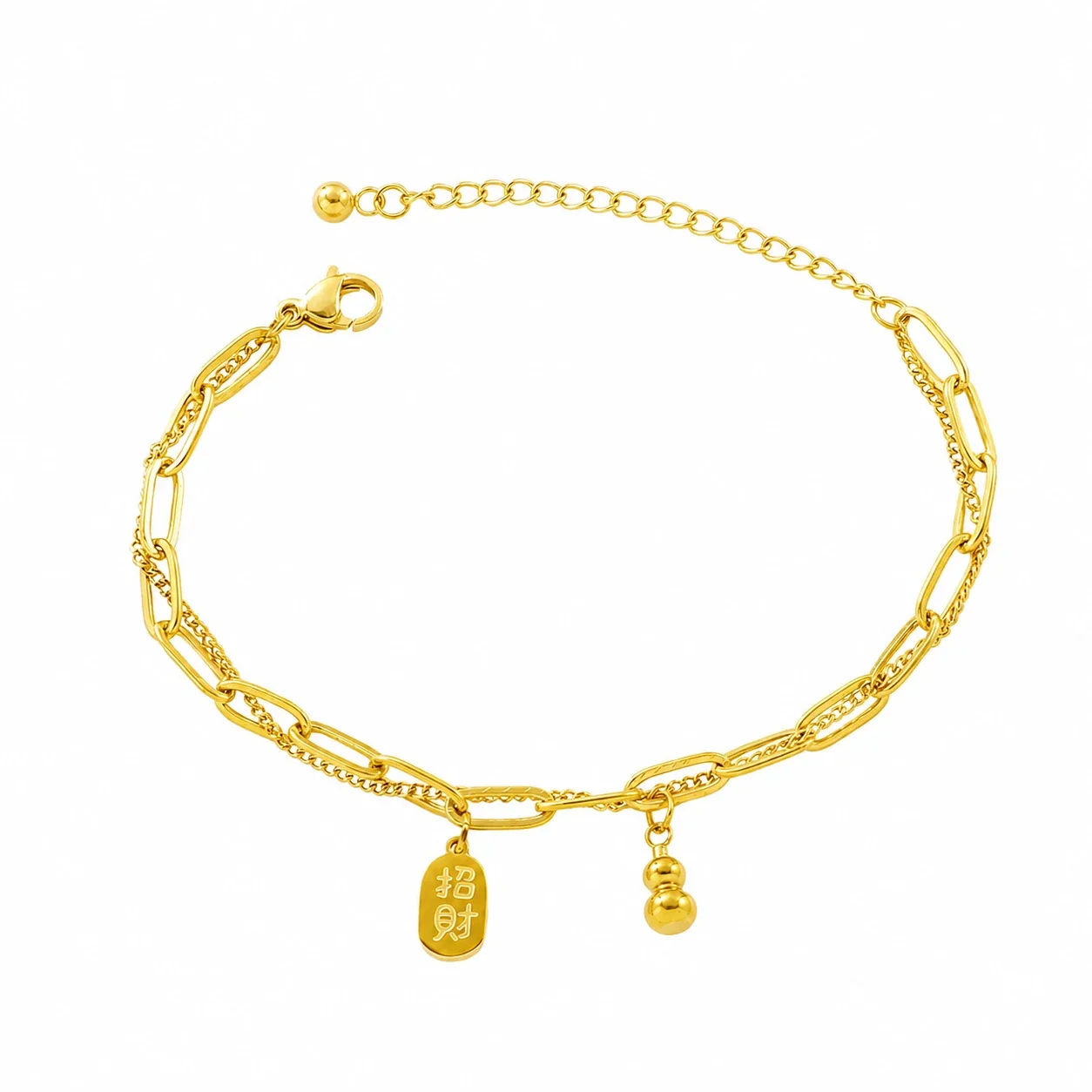 Layered Gold-Plated Paperclip Chain Gourd Charm Bracelet