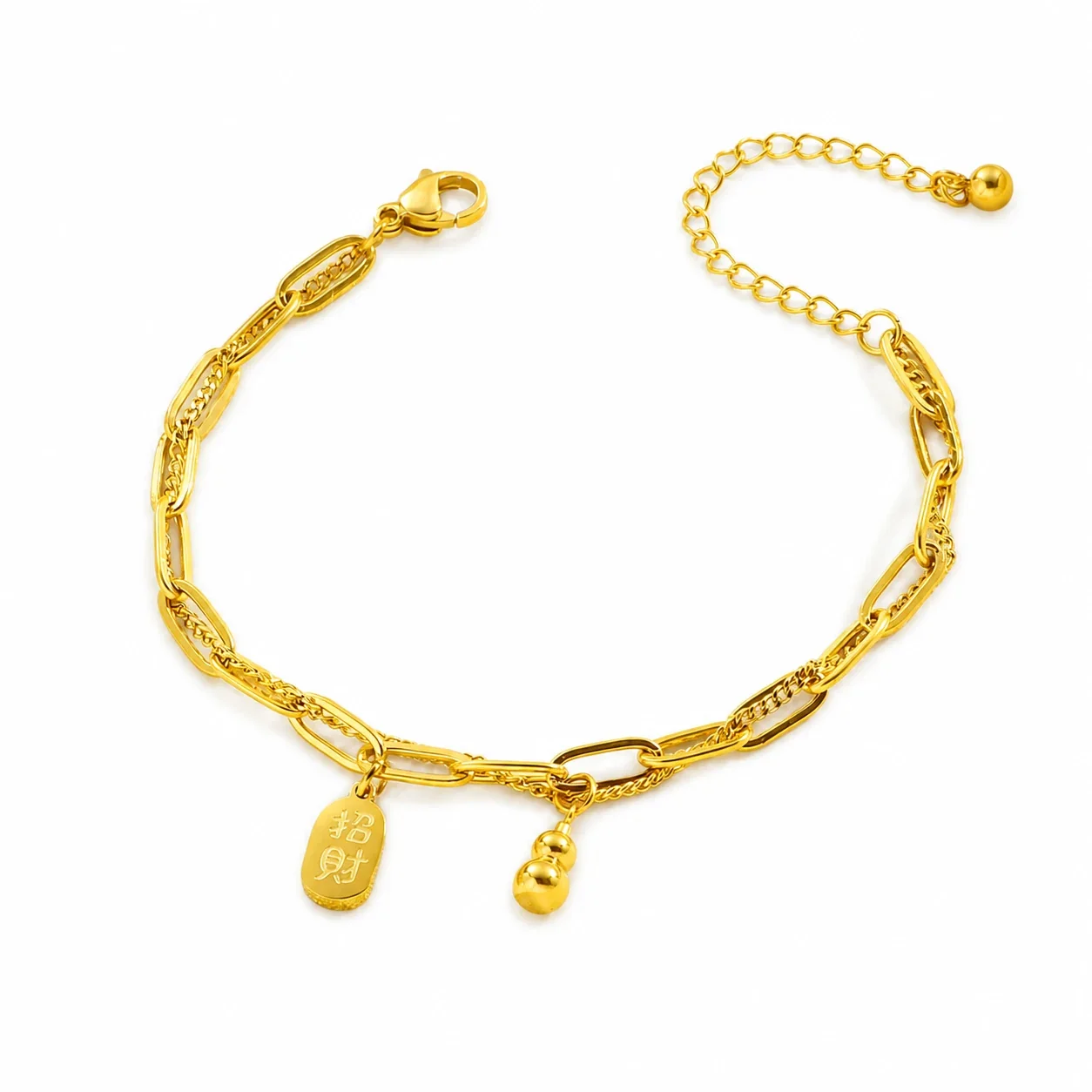 Layered Gold-Plated Paperclip Chain Gourd Charm Bracelet