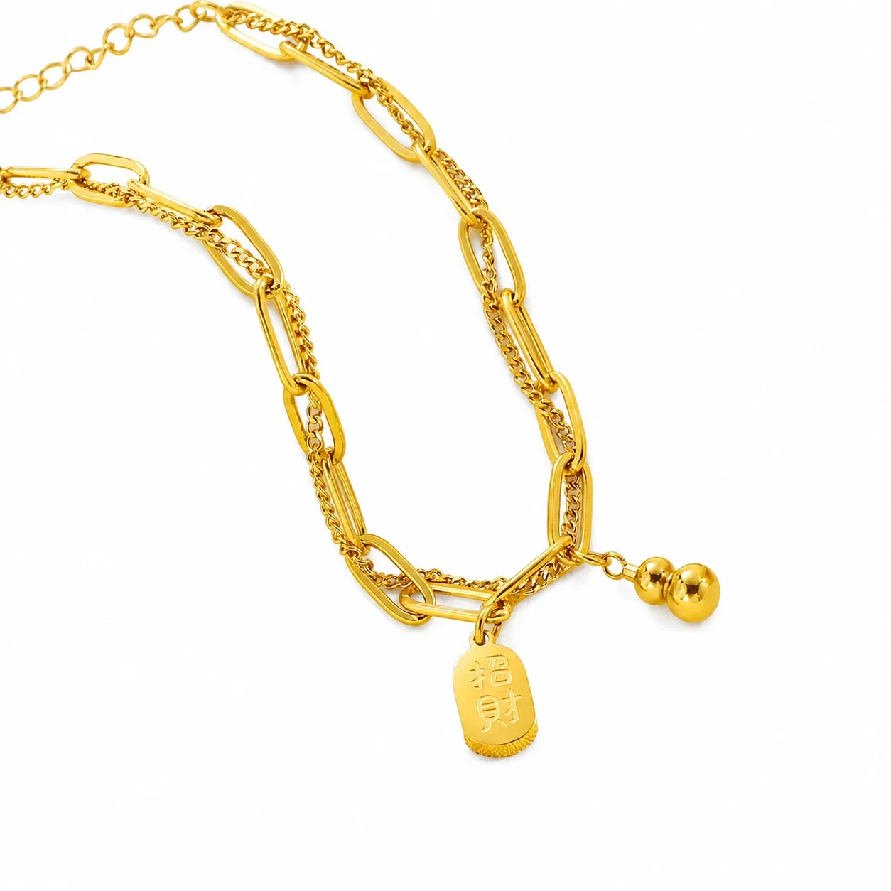 Layered Gold-Plated Paperclip Chain Gourd Charm Bracelet