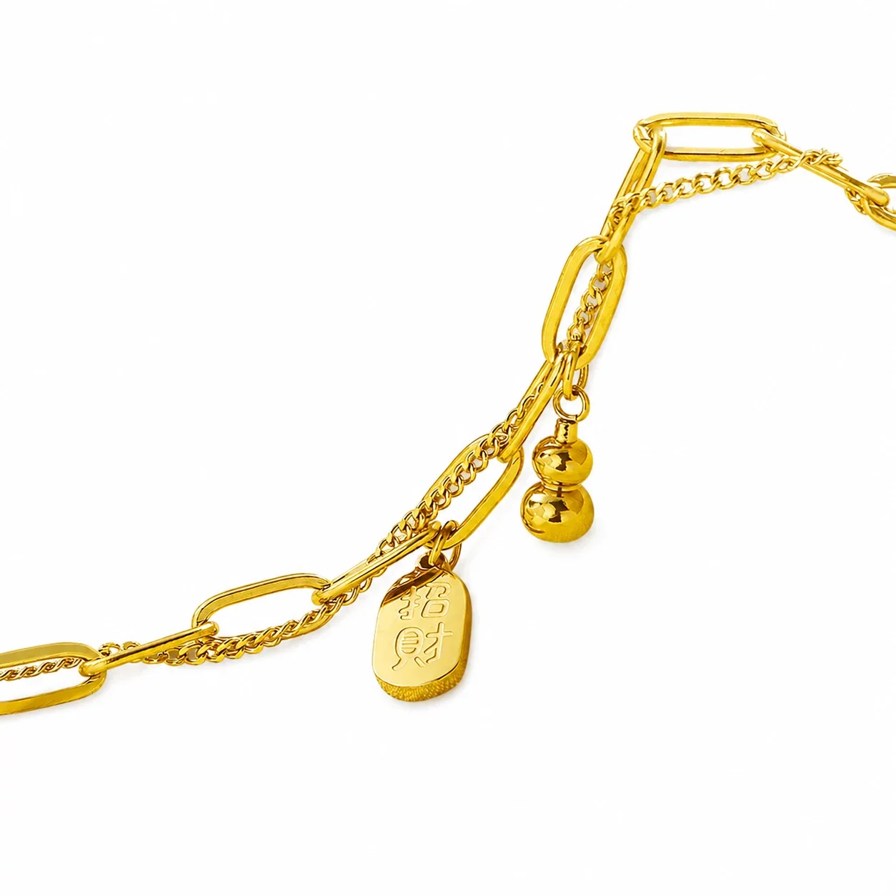Layered Gold-Plated Paperclip Chain Gourd Charm Bracelet